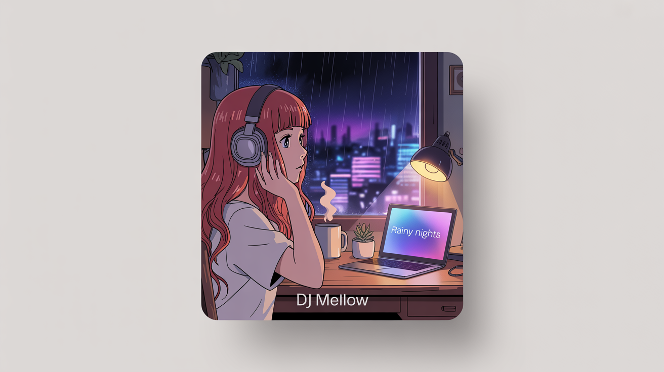 A lofi album cover art mockup featuring an anime girl in a cozy room looking out a window at a rainy city at night, with the title 'Rainy Nights'.