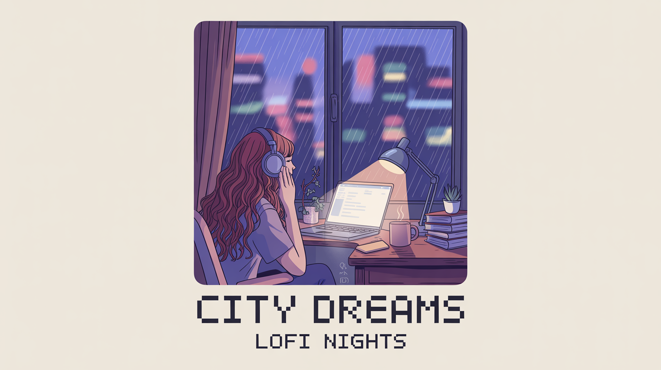 A mockup of a square lofi album cover featuring an anime-style girl with headphones in her cozy room, looking out a rainy window at the city at night. The title 'City Dreams' is at the bottom.