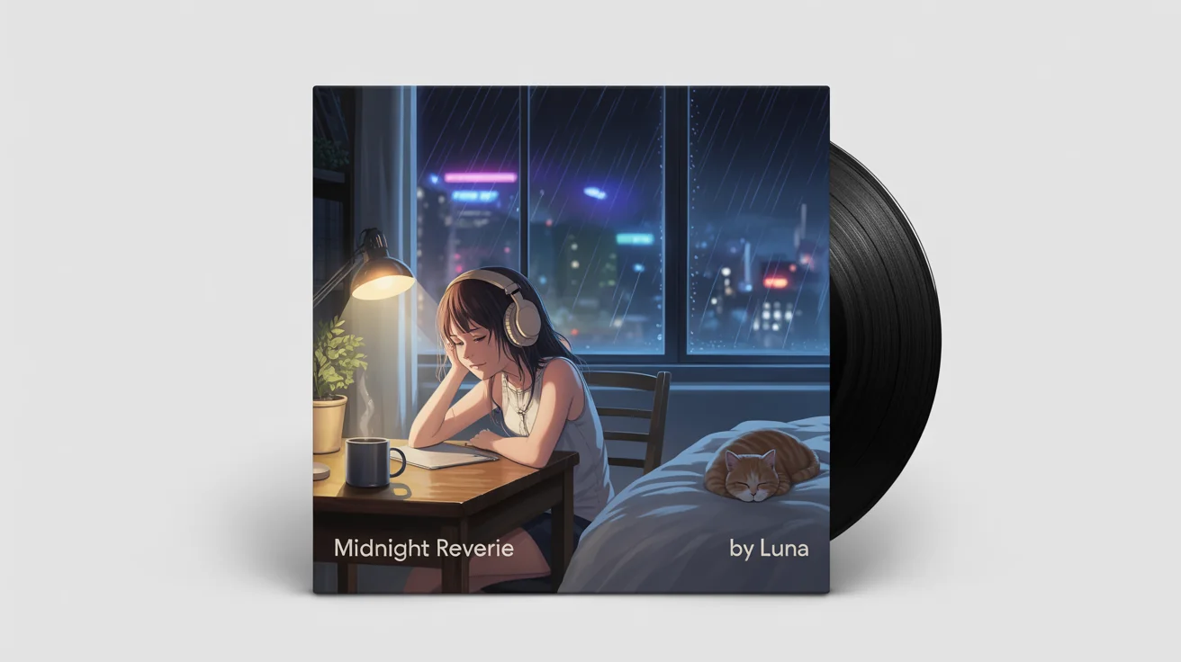 A mockup of a lofi album cover titled 'Midnight Reverie'. The artwork shows an anime-style girl with headphones looking out a window at a rainy city at night, creating a cozy and nostalgic mood.