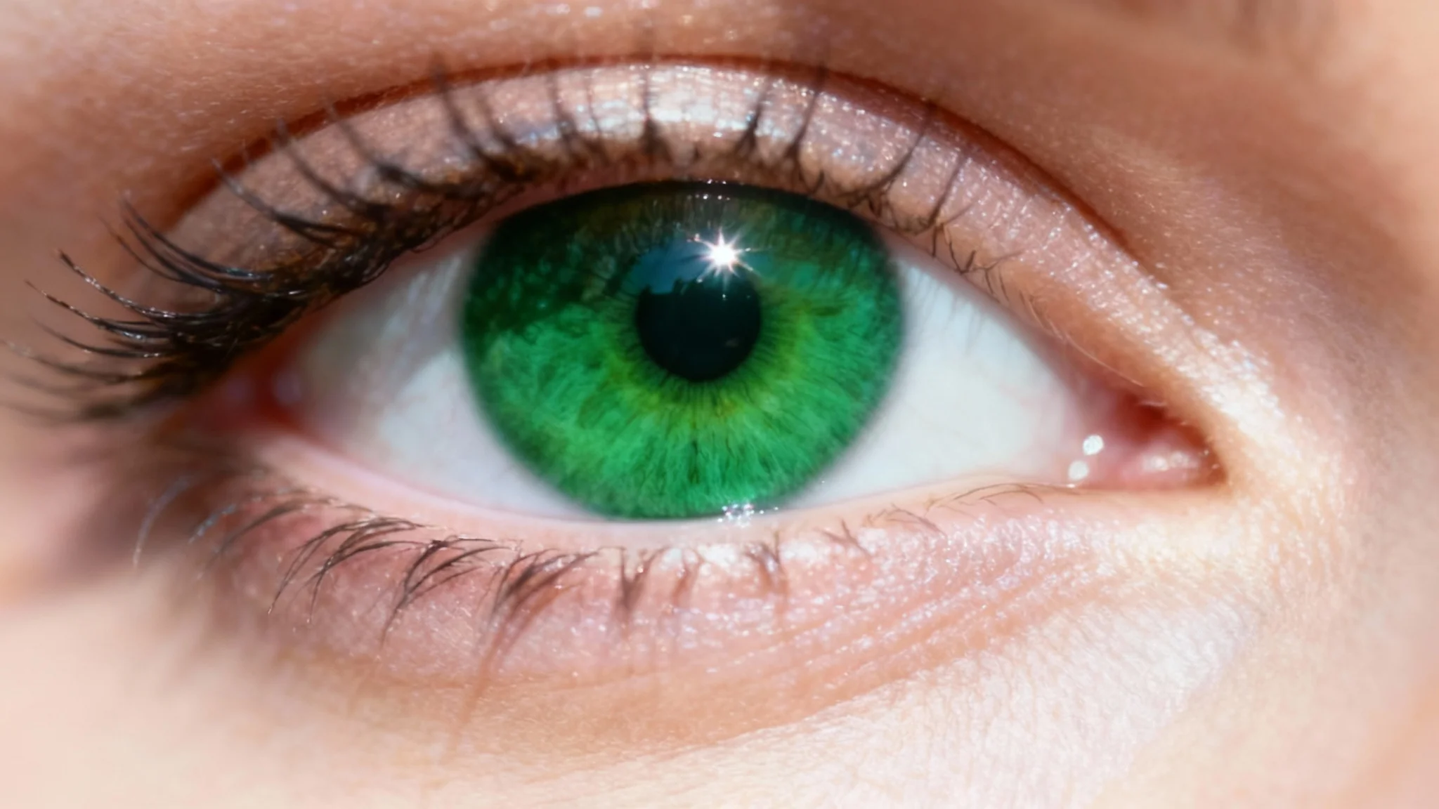 An extreme close-up photograph showing the result of an eye editor tool, where a person's eyes have been changed from blue to a vibrant, luminous emerald green, with flawless skin and perfect eyelashes.