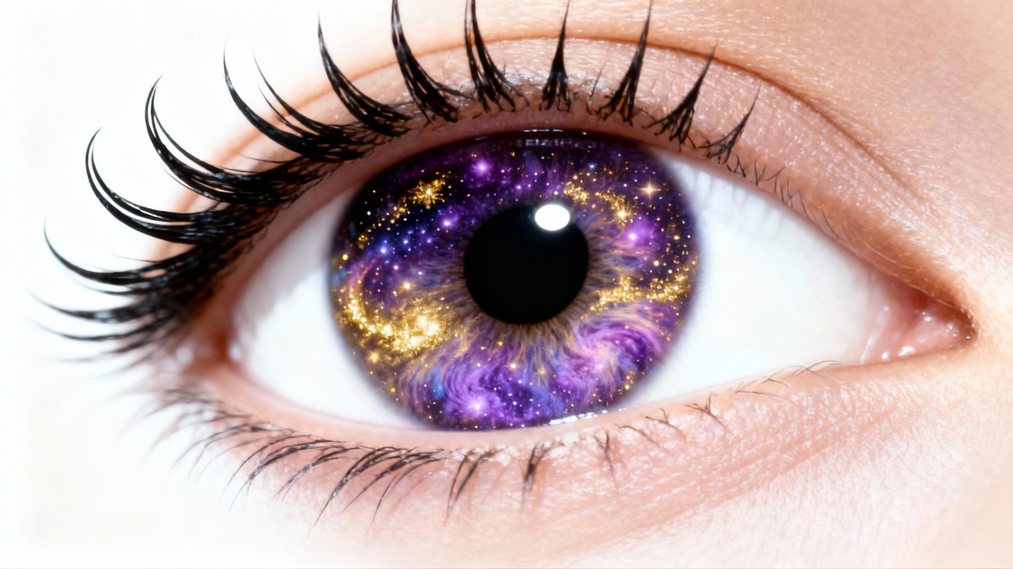 An extreme close-up of a digitally enhanced human eye with a swirling galaxy-colored iris and long, perfect eyelashes, set against a plain white background.