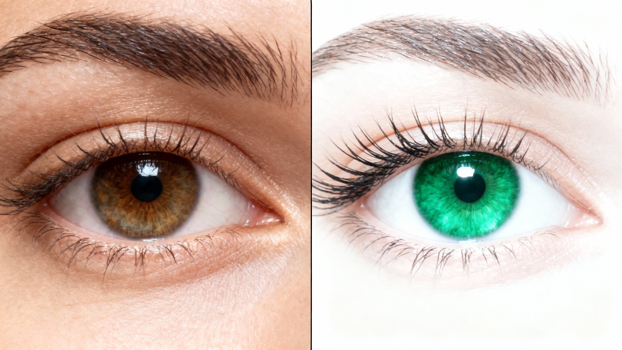 A close-up, split-screen comparison of a human eye before and after editing. The 'before' side shows a natural hazel eye, while the 'after' side shows the same eye with a vibrant green iris and whiter sclera, demonstrating the capabilities of an eye editor.