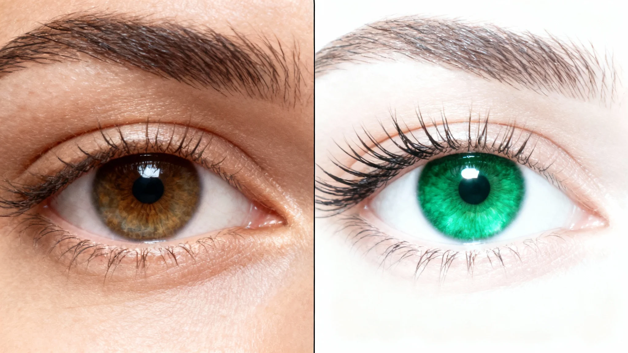 A close-up, split-screen comparison of a human eye before and after editing. The 'before' side shows a natural hazel eye, while the 'after' side shows the same eye with a vibrant green iris and whiter sclera, demonstrating the capabilities of an eye editor.