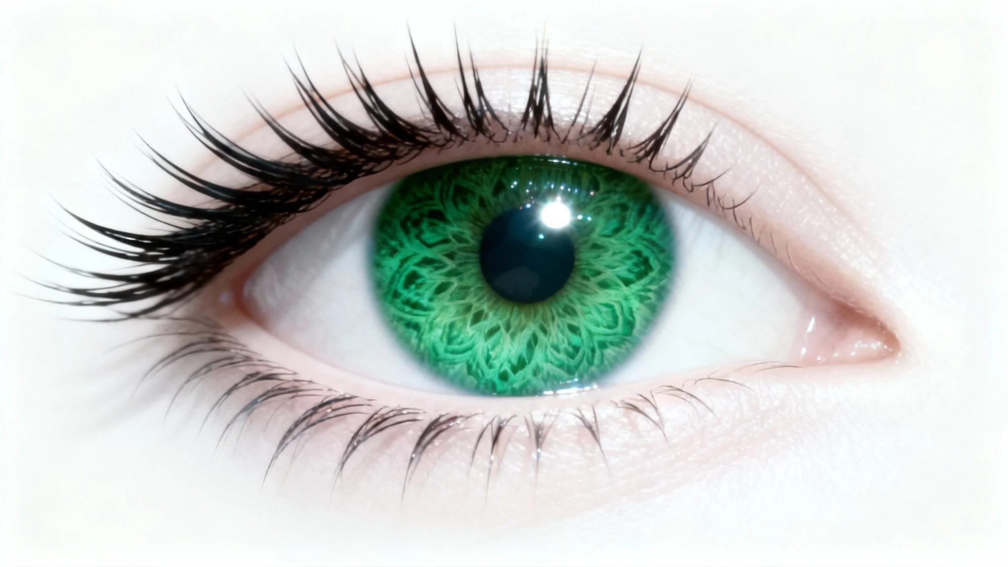 A hyper-realistic macro photograph of a single human eye, showcasing a vibrant emerald green iris and long eyelashes, representing the result of an eye editor tool, on a white background.