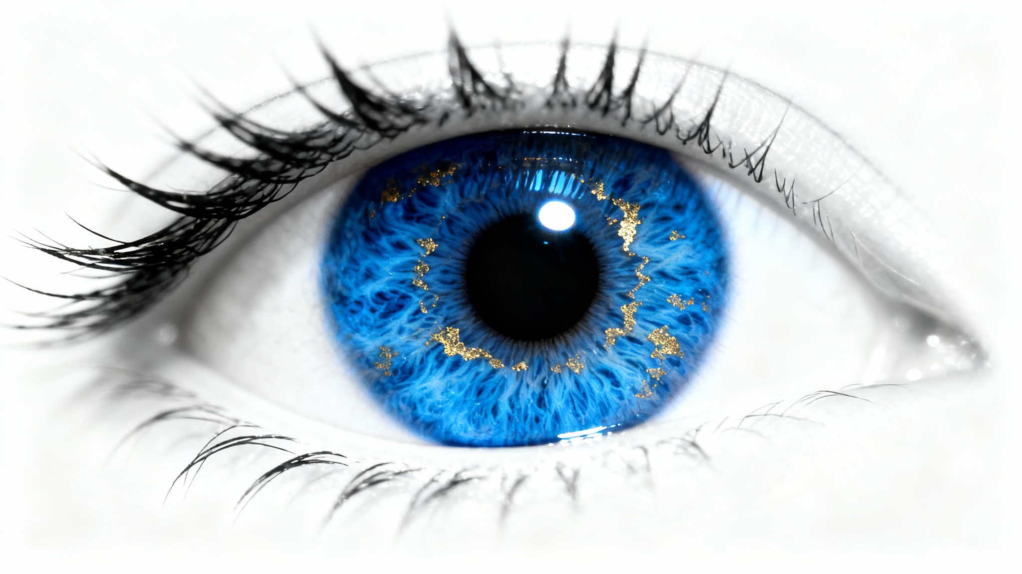 An extreme close-up macro photograph of a digitally enhanced human eye, featuring a vibrant electric blue iris and perfect eyelashes, set against a clean white background.