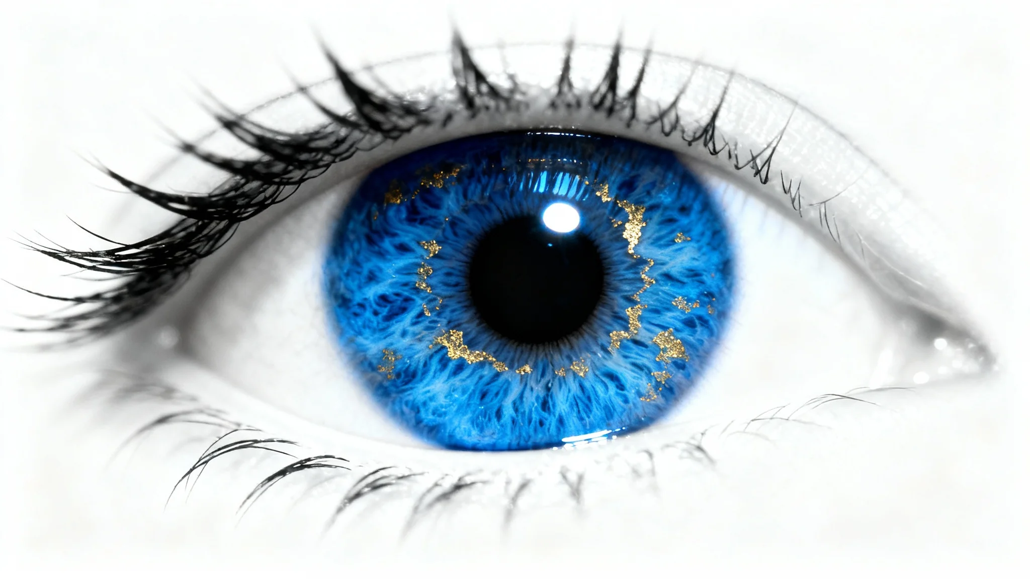An extreme close-up macro photograph of a digitally enhanced human eye, featuring a vibrant electric blue iris and perfect eyelashes, set against a clean white background.
