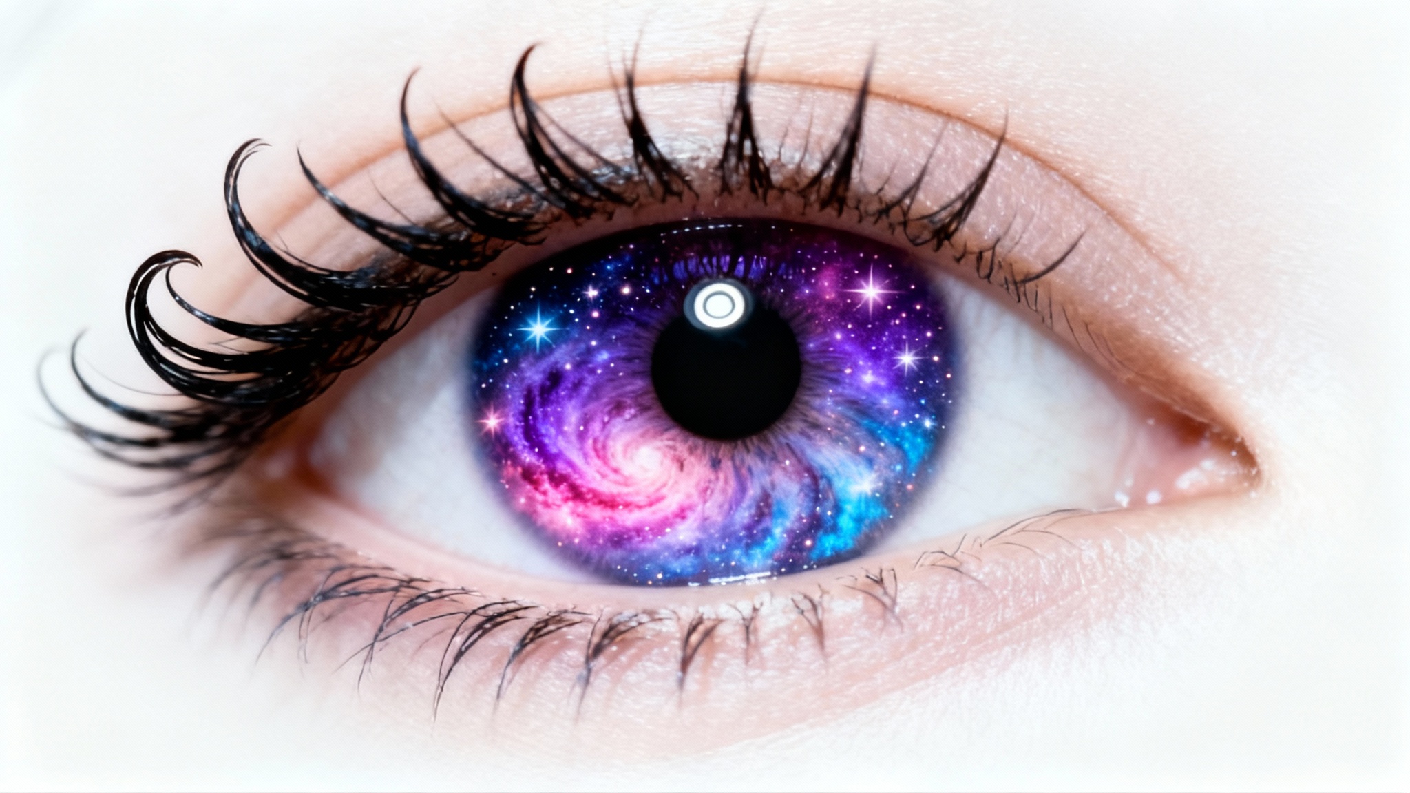 An extreme close-up macro shot of a human eye with a digitally edited iris that looks like a swirling purple and blue galaxy with sparkling stars, set against a clean white background.