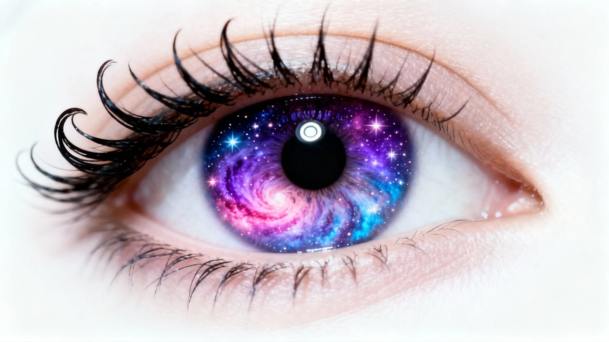 An extreme close-up macro shot of a human eye with a digitally edited iris that looks like a swirling purple and blue galaxy with sparkling stars, set against a clean white background.
