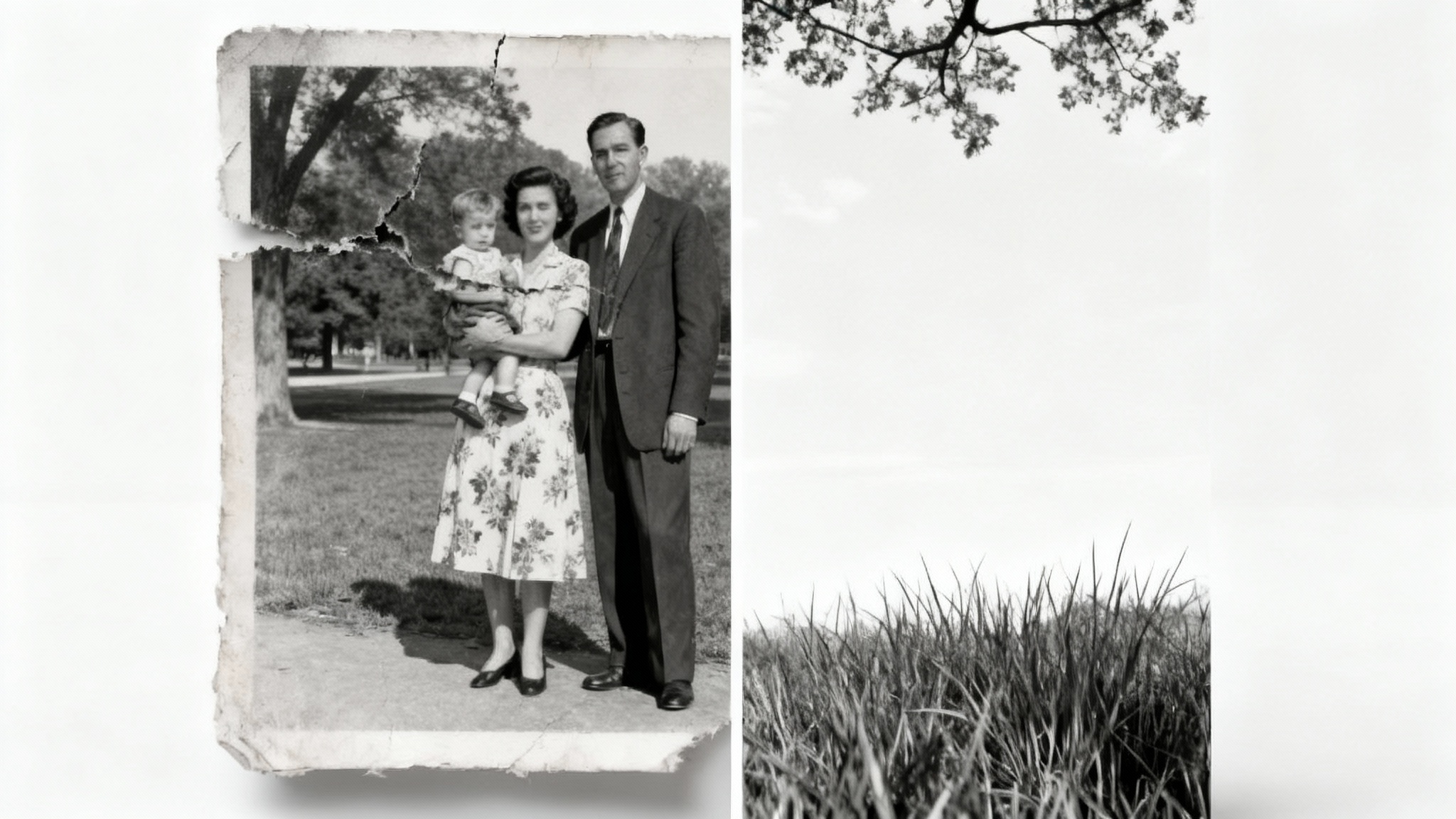 A before-and-after comparison image demonstrating photo repair. The left side shows a torn, faded, and damaged old black-and-white family photo. The right side shows the same photo perfectly restored, clear, and complete.