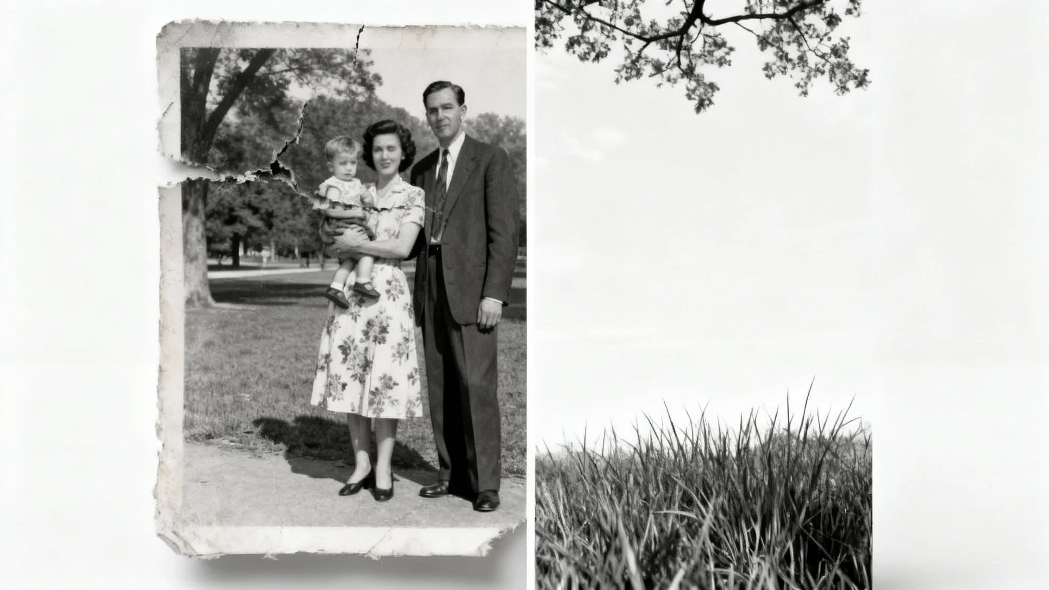 A before-and-after comparison image demonstrating photo repair. The left side shows a torn, faded, and damaged old black-and-white family photo. The right side shows the same photo perfectly restored, clear, and complete.