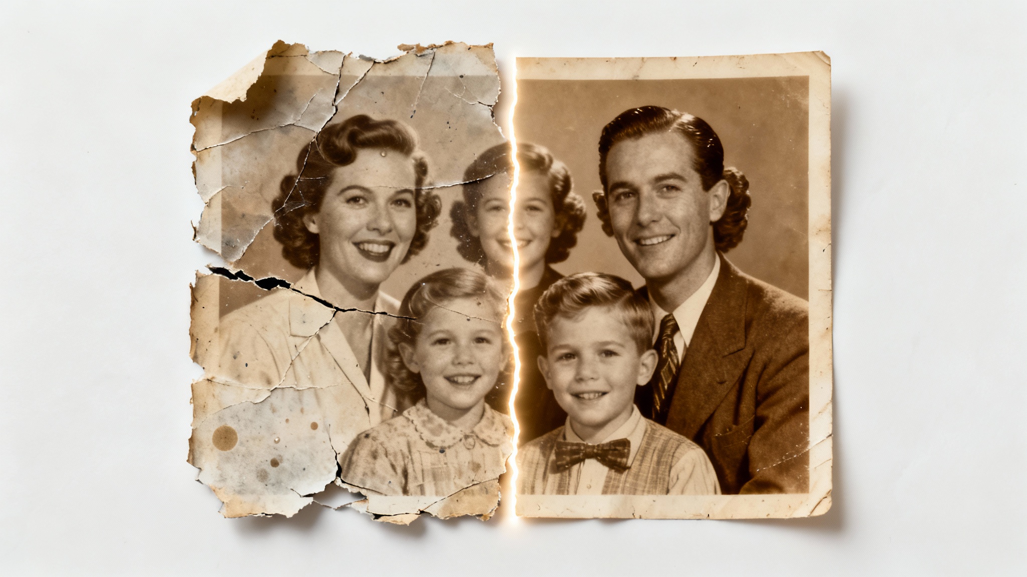 A close-up of a vintage photograph that is torn and damaged on one side and perfectly restored and clear on the other, symbolizing photo repair.