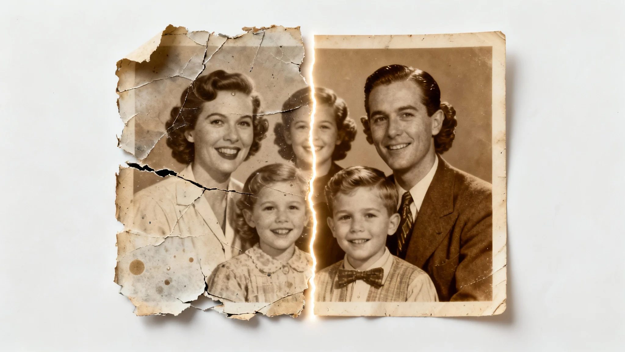 A close-up of a vintage photograph that is torn and damaged on one side and perfectly restored and clear on the other, symbolizing photo repair.