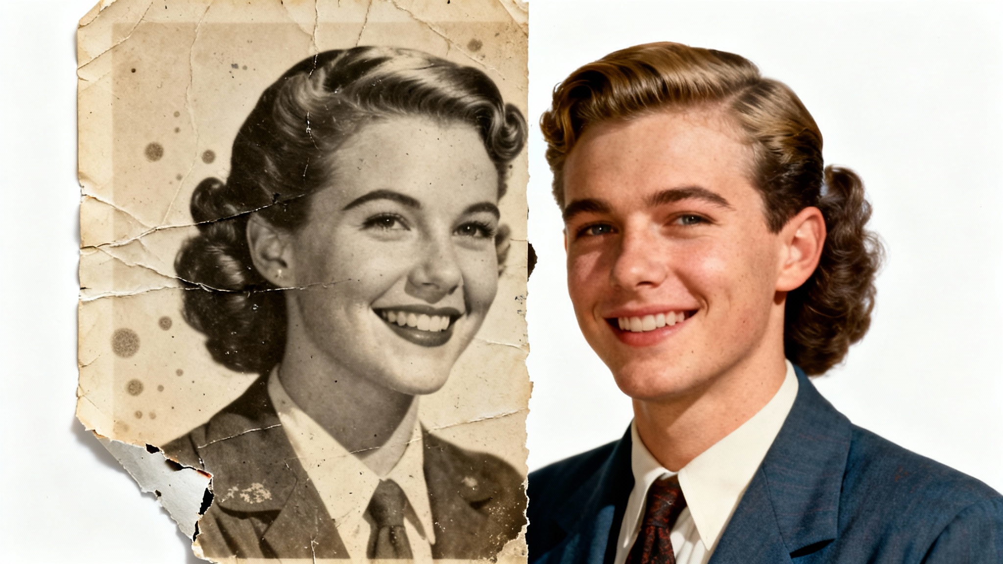 An image demonstrating photo repair, showing a single photograph split in two. The left half is an old, torn, and faded sepia picture of a couple, while the right half is the same picture fully restored in vibrant color and perfect condition.