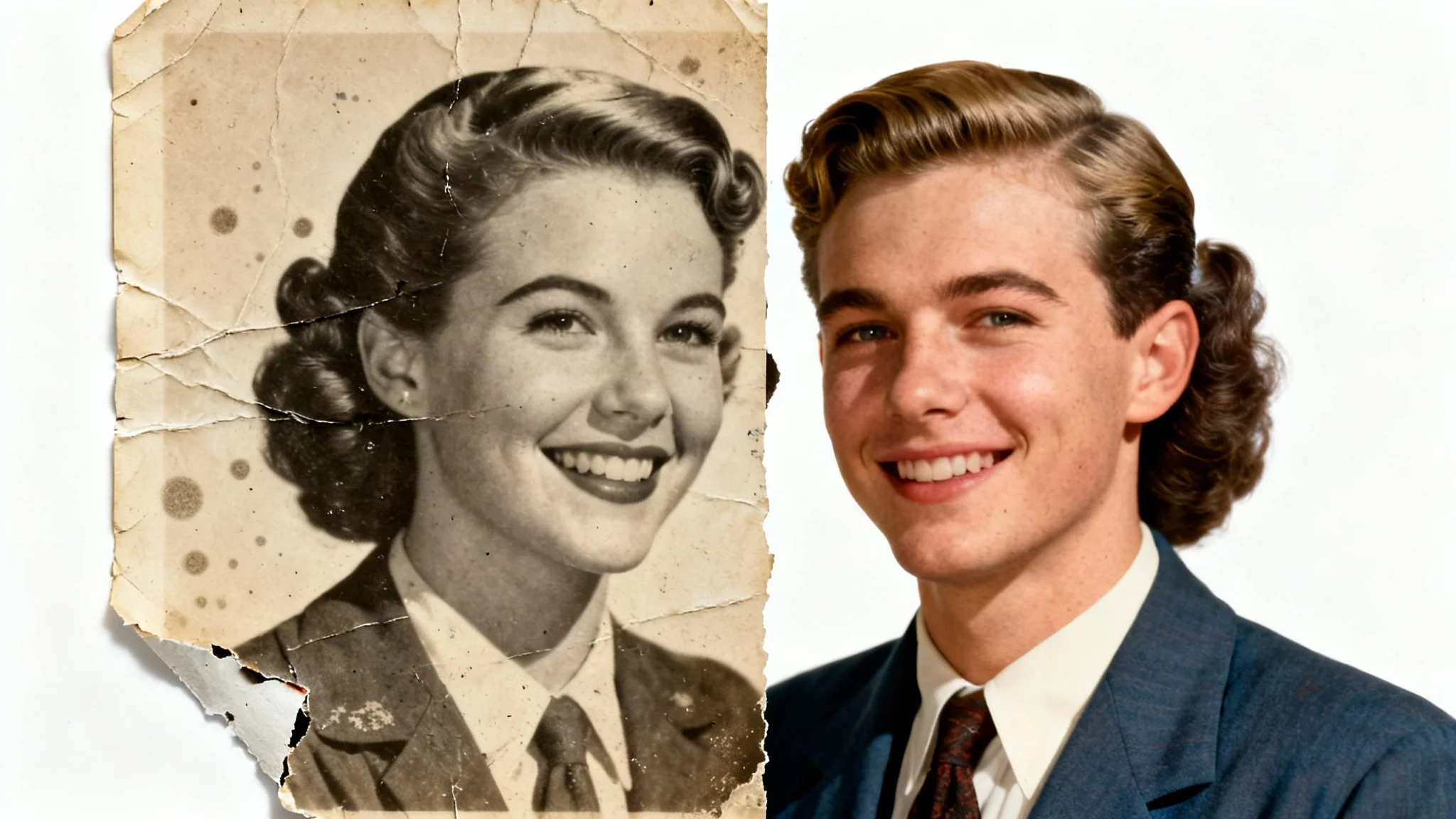 An image demonstrating photo repair, showing a single photograph split in two. The left half is an old, torn, and faded sepia picture of a couple, while the right half is the same picture fully restored in vibrant color and perfect condition.