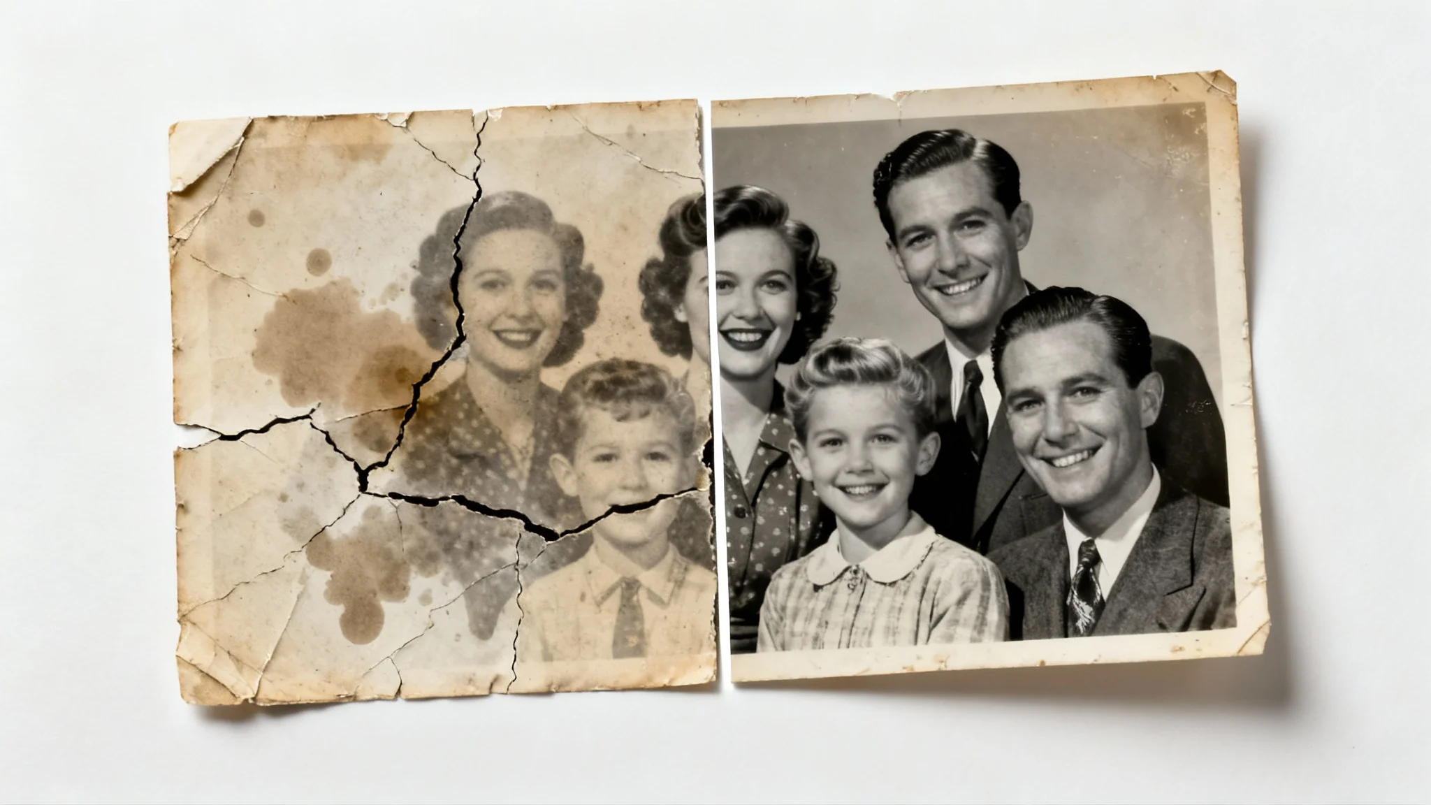 A before-and-after image of a vintage photograph being repaired. The left side is torn and faded, while the right side is perfectly restored and clear.