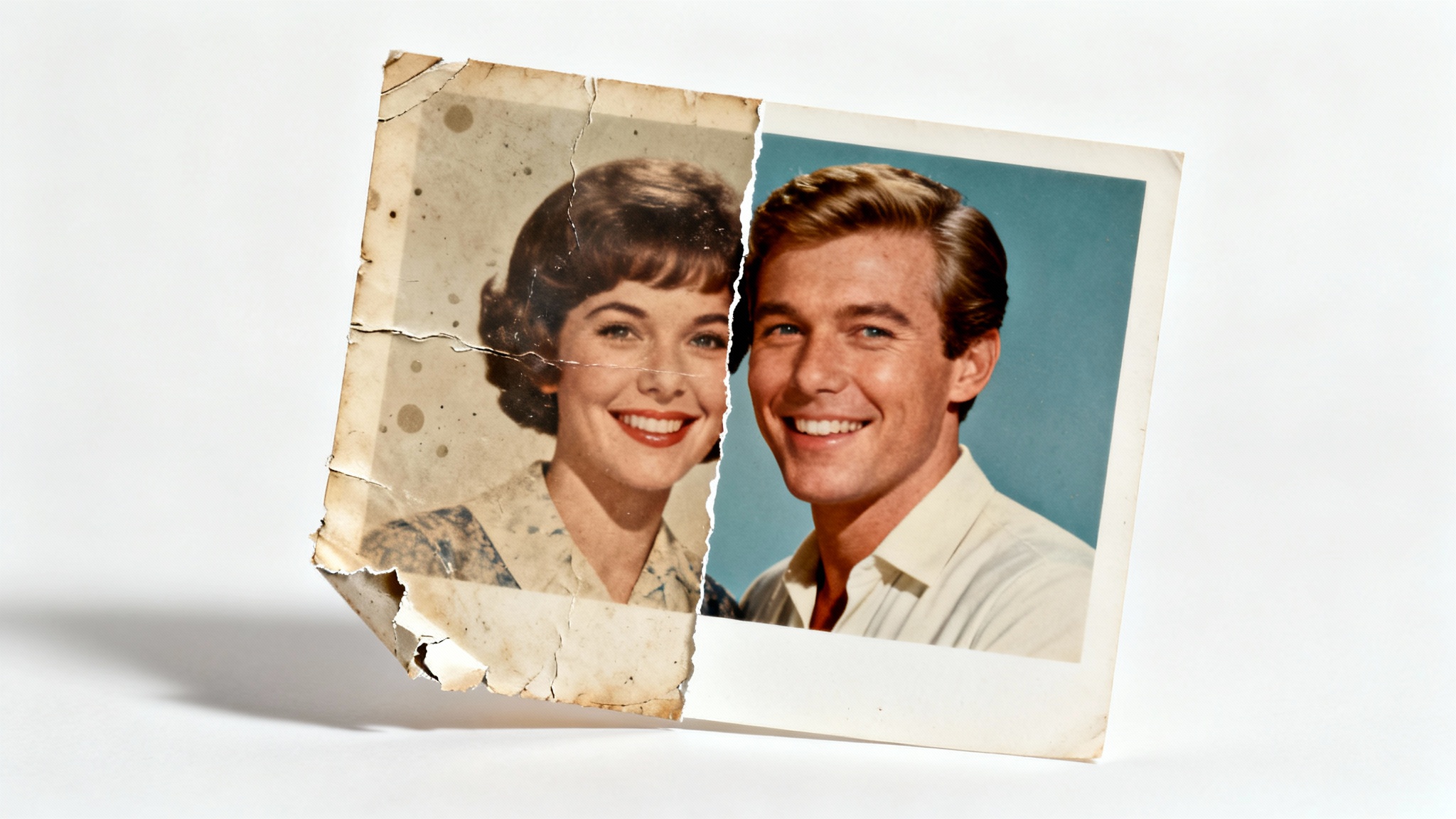 A conceptual image showing a single vintage photograph split in half. The left side is torn, faded, and creased, while the right side is perfectly restored, vibrant, and clear, symbolizing the effect of photo repair.