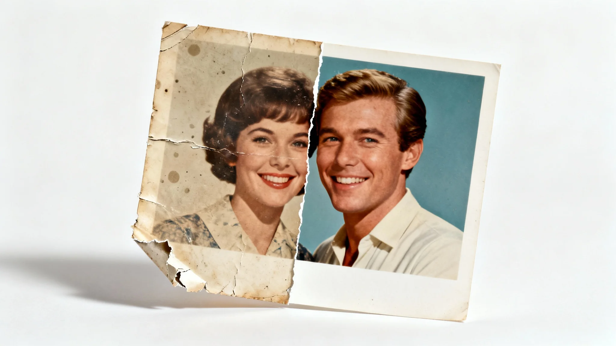 A conceptual image showing a single vintage photograph split in half. The left side is torn, faded, and creased, while the right side is perfectly restored, vibrant, and clear, symbolizing the effect of photo repair.