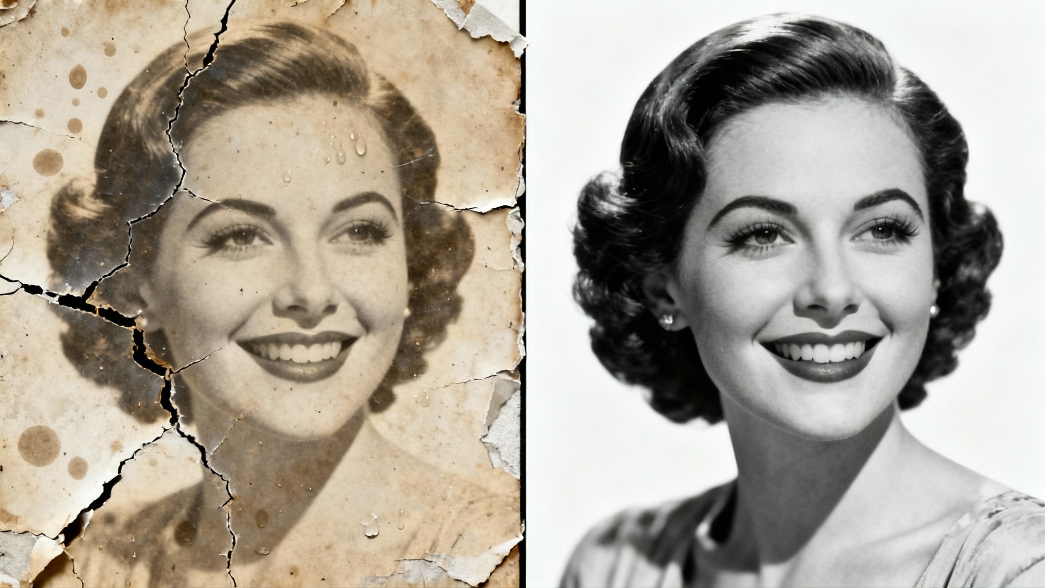 A demonstration of photo repair on a vintage portrait of a woman. The left half of the photo is old, faded, and covered in cracks, while the right half is perfectly restored, clear, and vibrant.