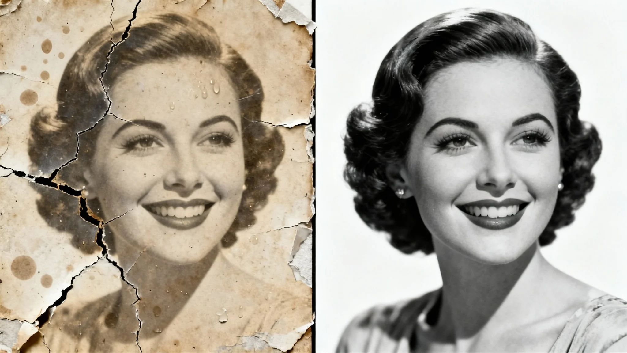A demonstration of photo repair on a vintage portrait of a woman. The left half of the photo is old, faded, and covered in cracks, while the right half is perfectly restored, clear, and vibrant.