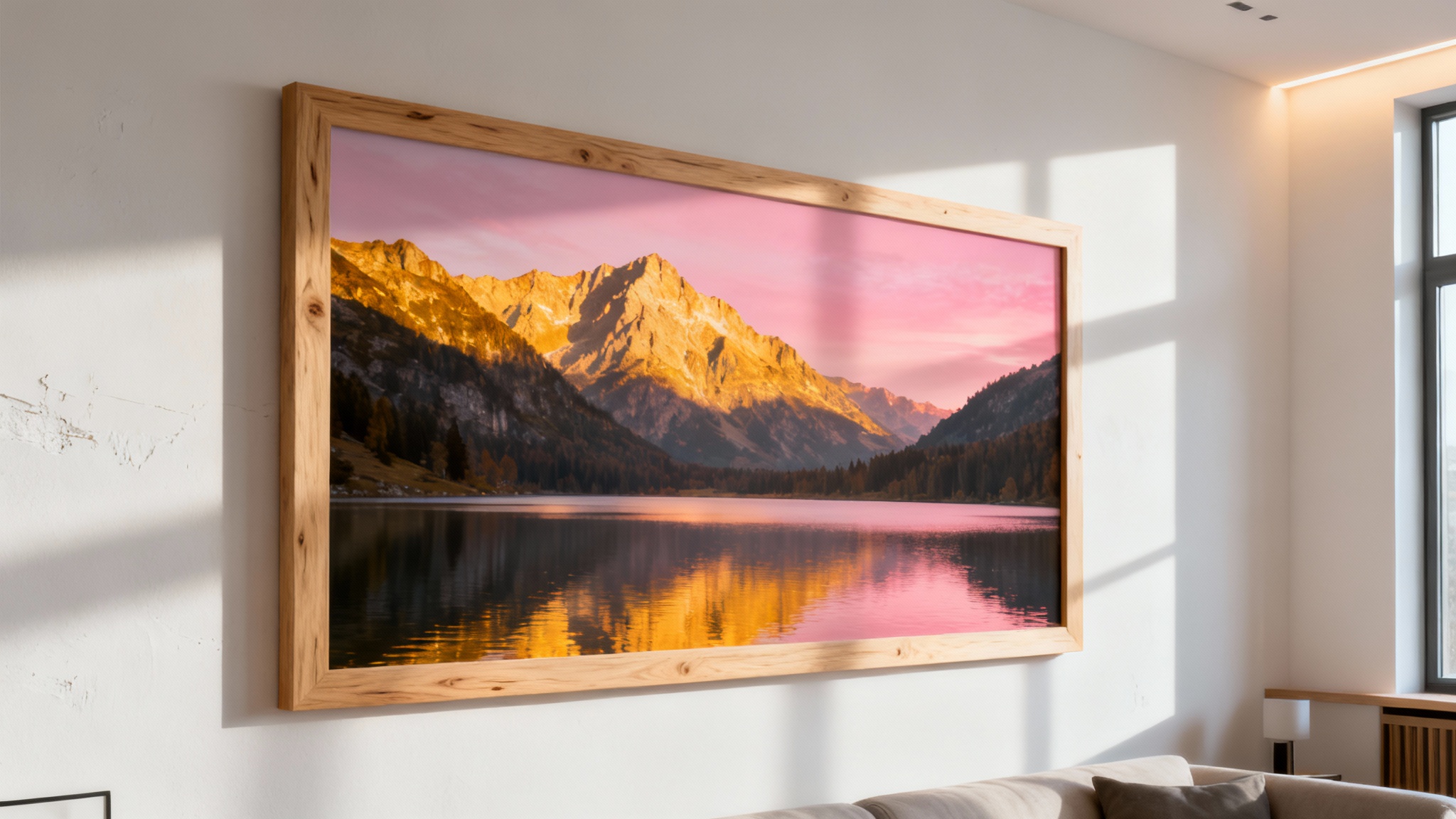 A professionally designed mockup showing a horizontal wooden frame with a photograph of a mountain lake, hanging on a wall in a modern, minimalist room.