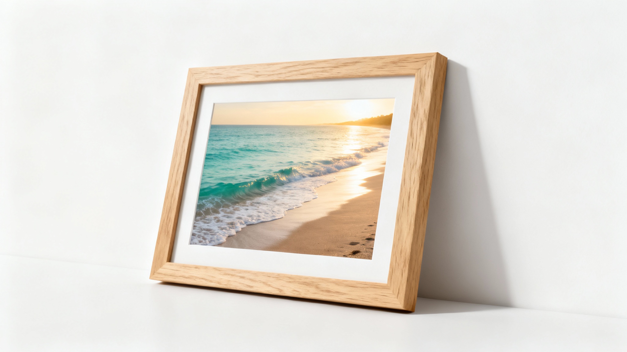 A photorealistic mockup of a light oak wood landscape frame, angled slightly on a white background, displaying a serene photo of a beach at golden hour.