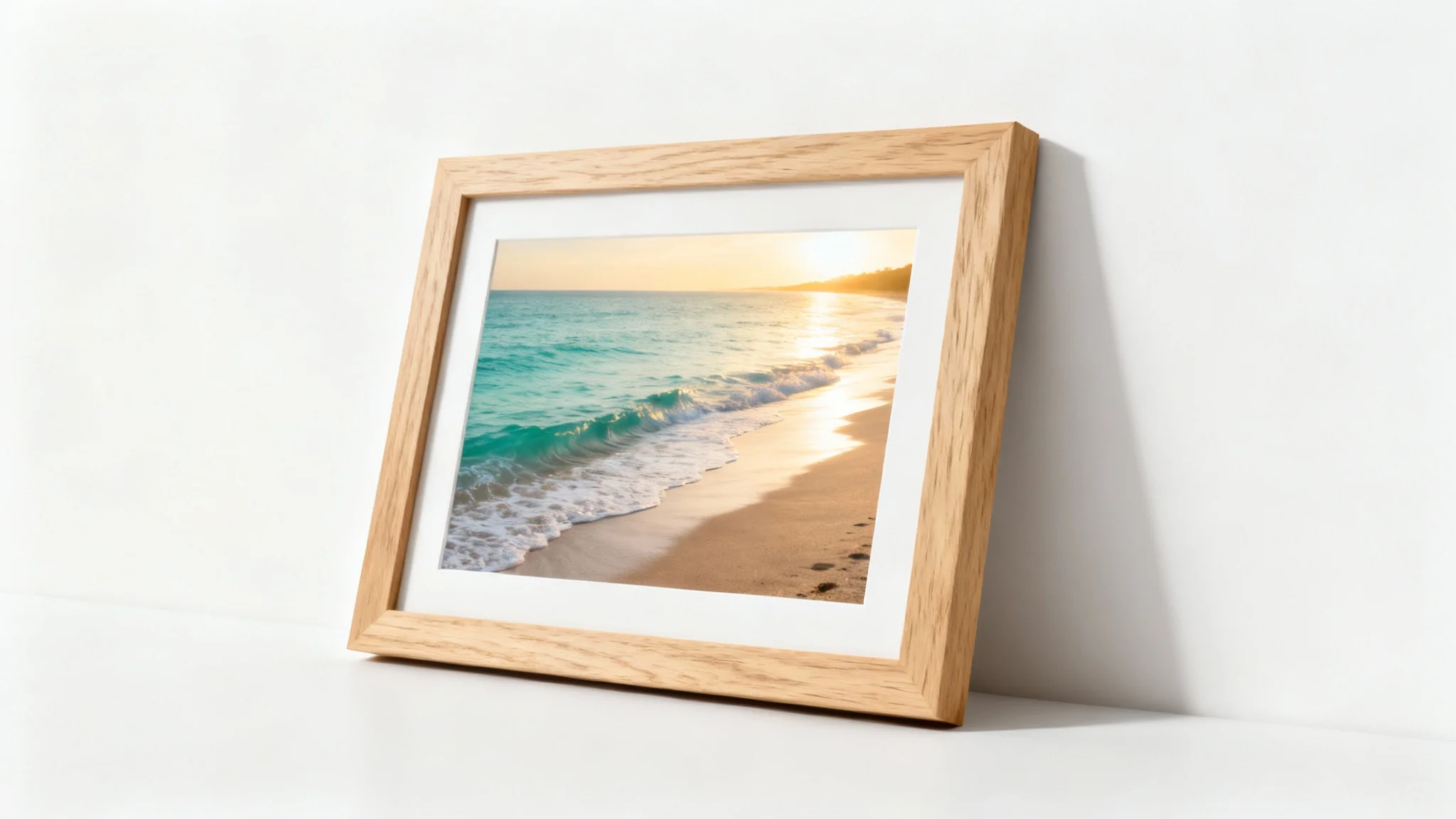 A photorealistic mockup of a light oak wood landscape frame, angled slightly on a white background, displaying a serene photo of a beach at golden hour.