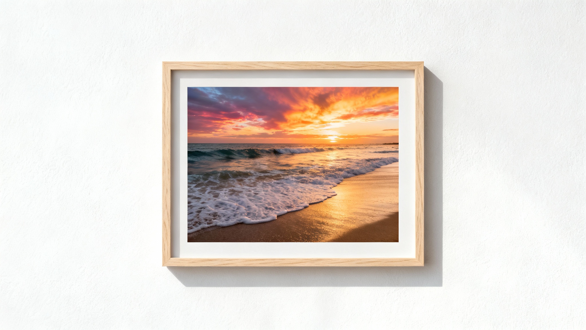 A minimalist mockup of a horizontal light wood frame on a white wall, containing a photograph of a beautiful beach sunset.