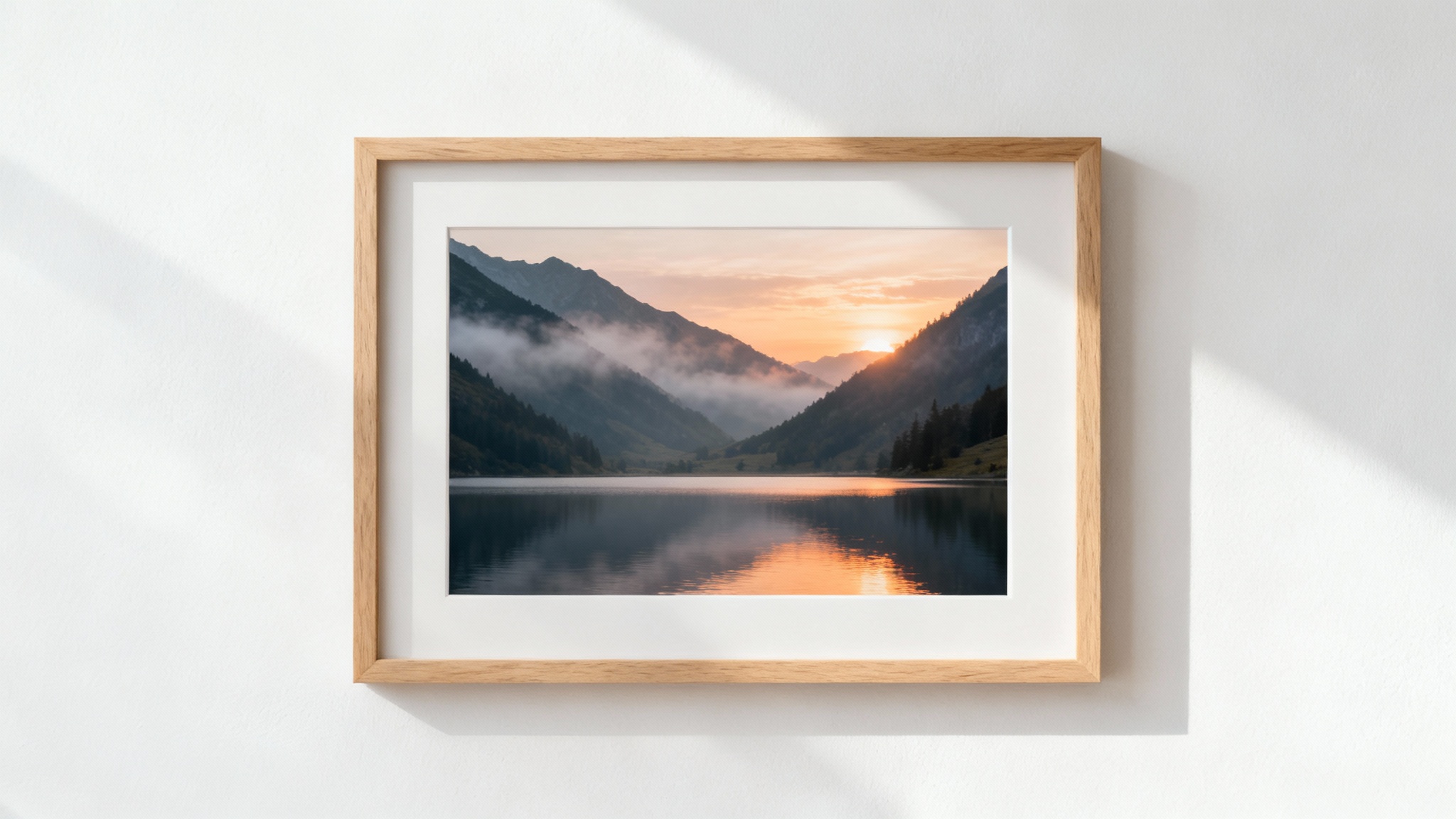 A minimalist light wood picture frame in landscape orientation hanging on a white wall, displaying a photograph of a misty mountain sunrise over a lake.