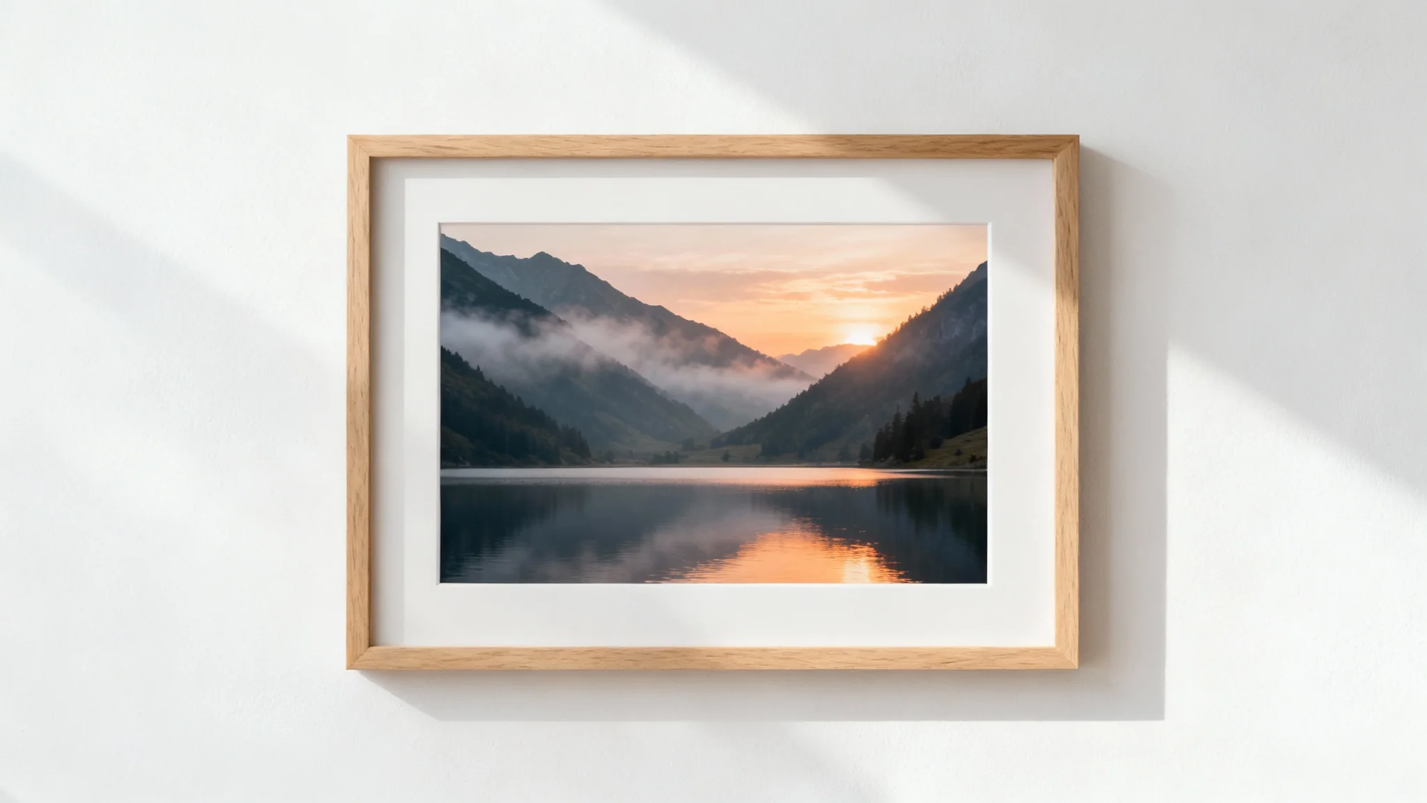 A minimalist light wood picture frame in landscape orientation hanging on a white wall, displaying a photograph of a misty mountain sunrise over a lake.