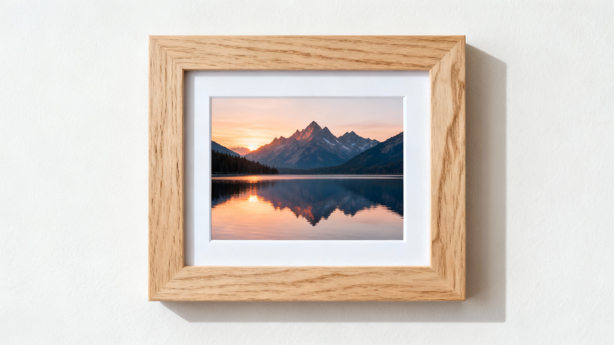 A photorealistic mockup of a light oak wood frame in landscape orientation, hanging against a clean off-white wall. The frame contains a vibrant photograph of a mountain lake at sunrise.