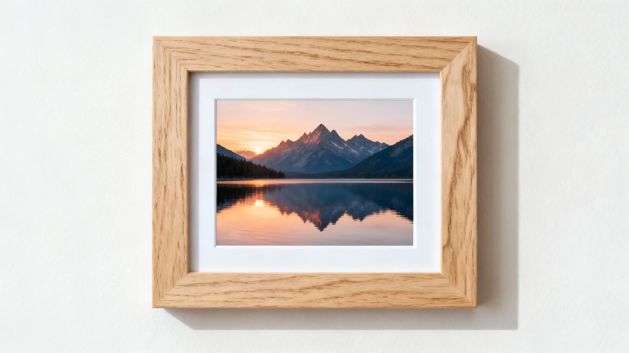 A photorealistic mockup of a light oak wood frame in landscape orientation, hanging against a clean off-white wall. The frame contains a vibrant photograph of a mountain lake at sunrise.