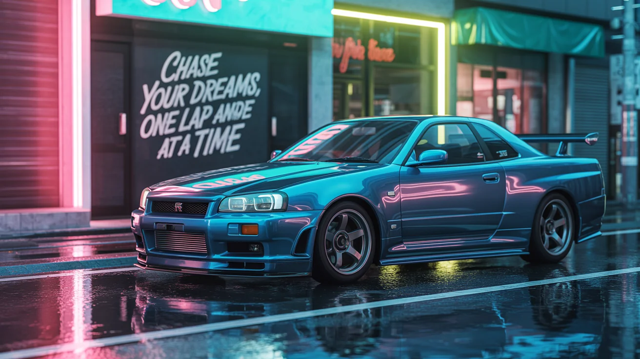 A 16:9 JDM aesthetic wallpaper featuring a midnight blue Nissan Skyline R34 GT-R on a wet Tokyo street at night. The car is illuminated by vibrant neon lights, creating dramatic reflections. The text 'Chase your dreams, one lap at a time' is elegantly displayed on the wallpaper.