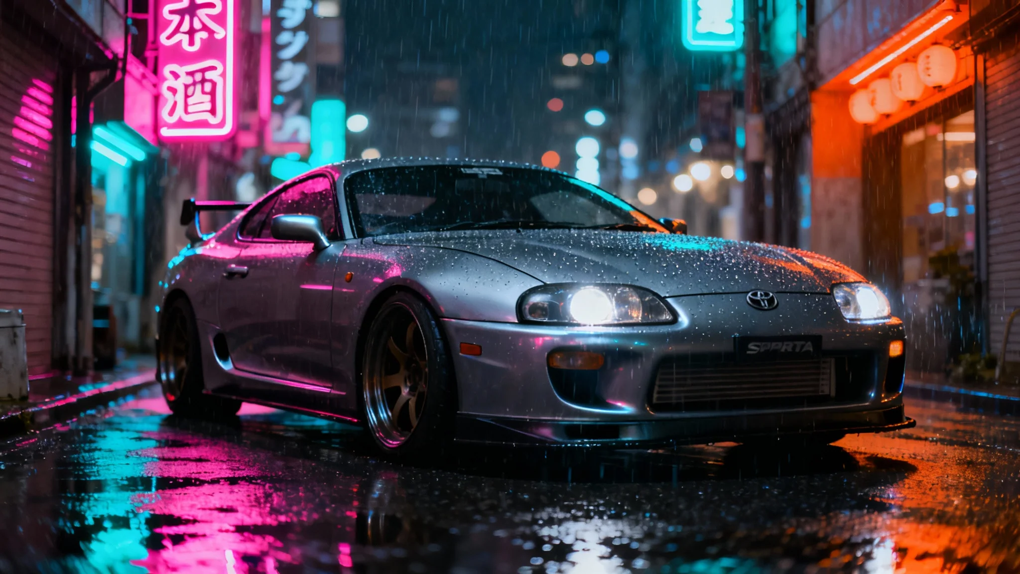 A JDM aesthetic phone wallpaper showing a metallic grey Toyota Supra parked on a wet, neon-lit street in Tokyo at night.
