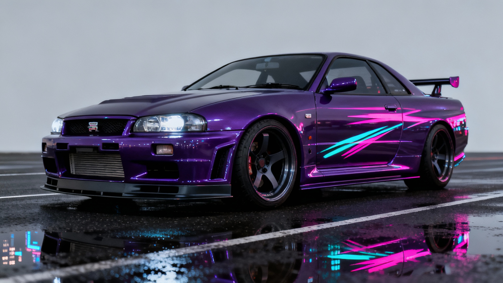 A hyper-realistic mockup of a JDM aesthetic wallpaper featuring a midnight purple Nissan Skyline GT-R R34 on a wet road, set against a clean gray background with neon light reflections.