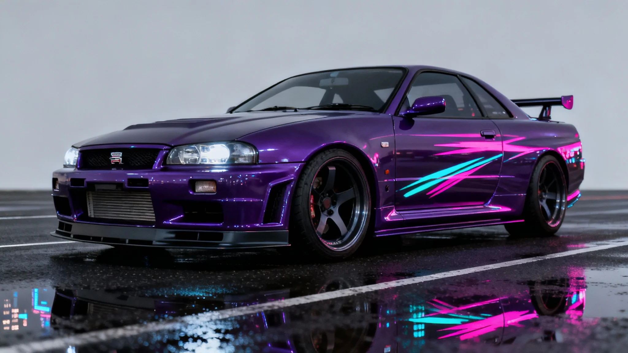 A hyper-realistic mockup of a JDM aesthetic wallpaper featuring a midnight purple Nissan Skyline GT-R R34 on a wet road, set against a clean gray background with neon light reflections.