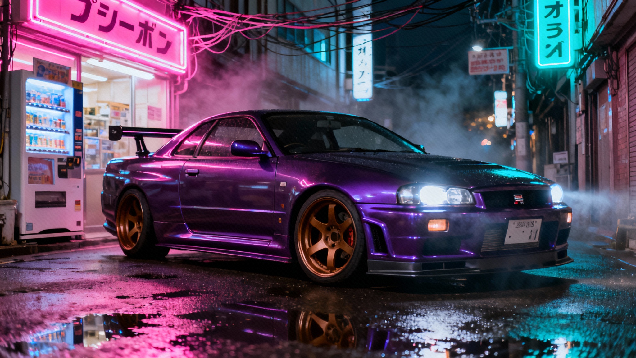 A moody, vertical wallpaper featuring a purple Nissan Skyline GT-R R34 sports car parked in a neon-lit Tokyo alley at night, with reflections on the wet pavement.