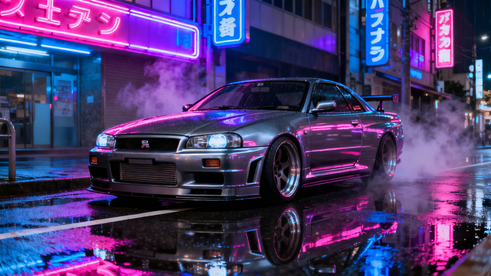 A dark gray JDM sports car, a Nissan Skyline R34, parked on a wet street at night, illuminated by the colorful glow of pink and blue neon signs from a Tokyo alley.
