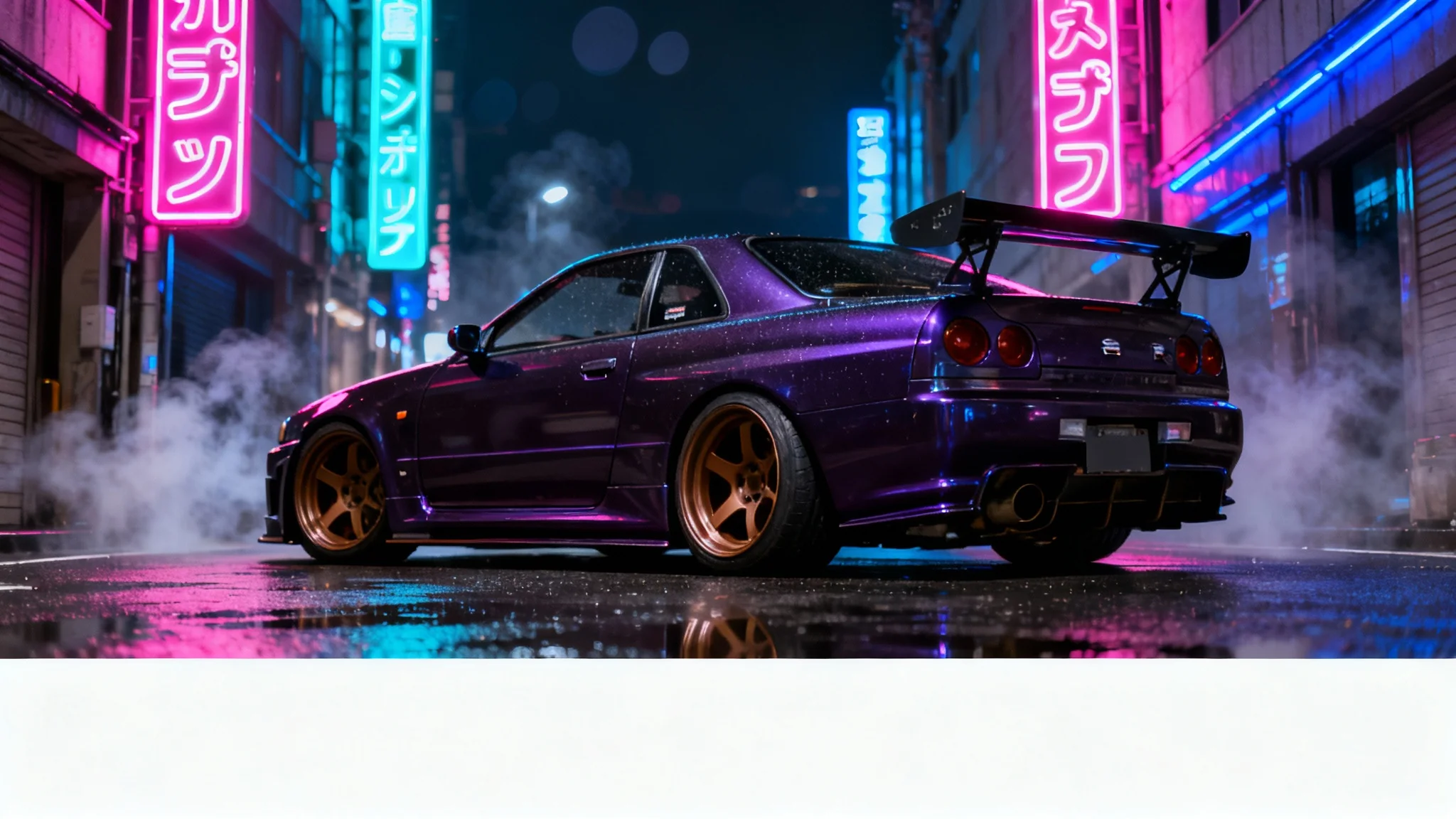 A hyper-realistic mockup of a JDM aesthetic wallpaper featuring a midnight purple Nissan Skyline R34 on a wet, neon-lit Tokyo street at night, set against a clean white background.