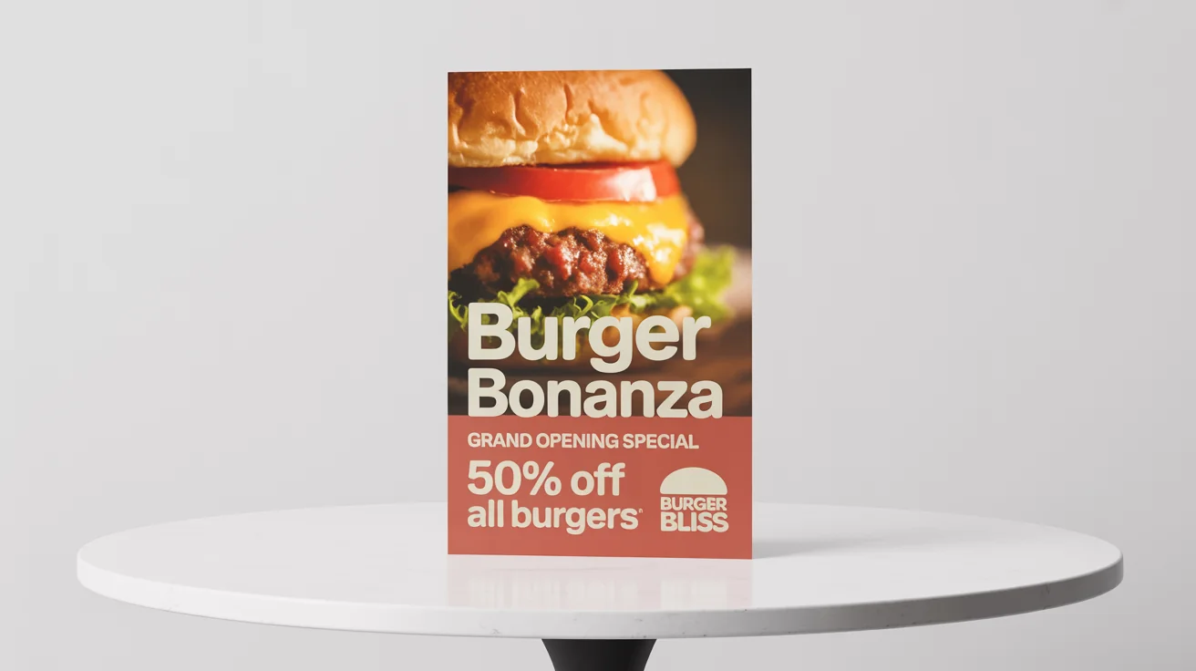 A professionally designed food flyer for a burger restaurant's grand opening. It features a large image of a burger and text that reads 'Burger Bonanza' and '50% Off All Burgers'.