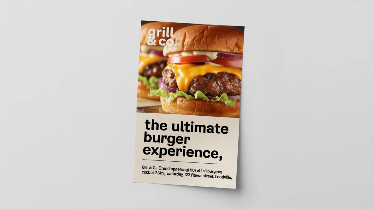 A vibrant food flyer mockup for a burger restaurant's grand opening, featuring a large picture of a cheeseburger and event details, set against a plain white background.