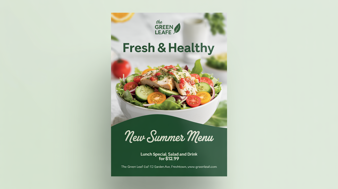 A professionally designed mockup of a food flyer for a 'Fresh & Healthy' summer menu from 'The Green Leaf Cafe', displayed on a white background.