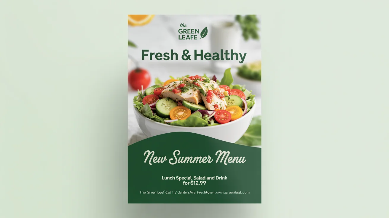 A professionally designed mockup of a food flyer for a 'Fresh & Healthy' summer menu from 'The Green Leaf Cafe', displayed on a white background.