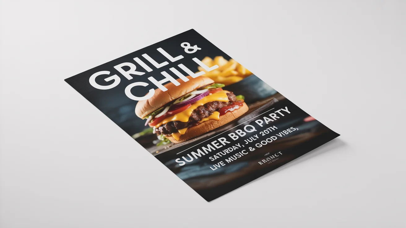 A modern food flyer mockup for a 'GRILL & CHILL' summer BBQ party, featuring a large, delicious-looking gourmet cheeseburger, laid flat on a clean white background.