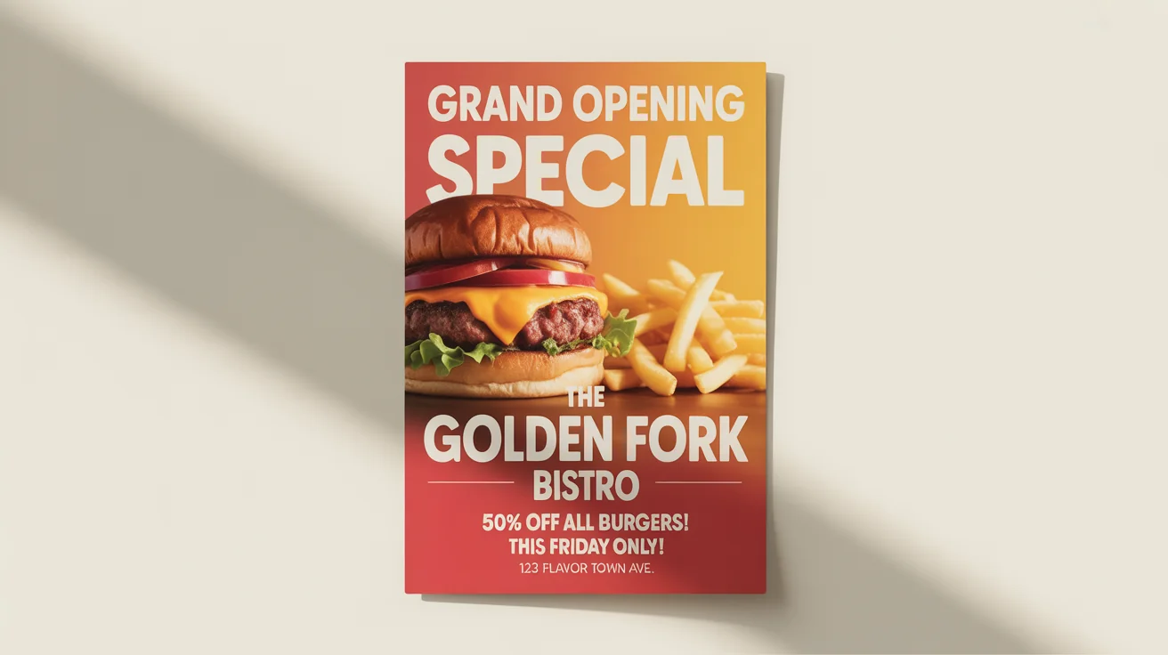 A mockup of a modern food flyer for 'The Golden Fork Bistro,' featuring a delicious burger and advertising a grand opening special. The flyer is set against a white background.
