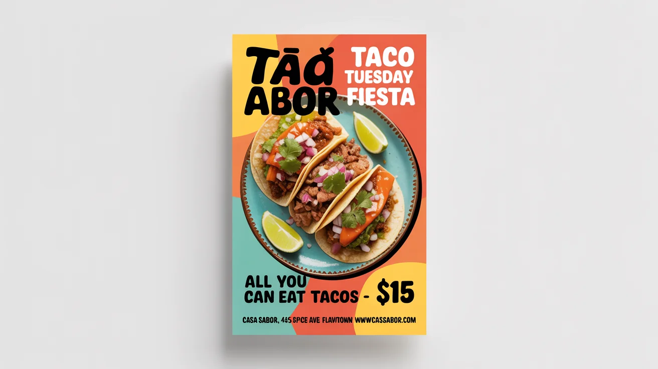 A vibrant food flyer mockup for a taco restaurant named 'Casa Sabor'. It features a delicious photo of tacos and advertises a 'Taco Tuesday Fiesta' special.