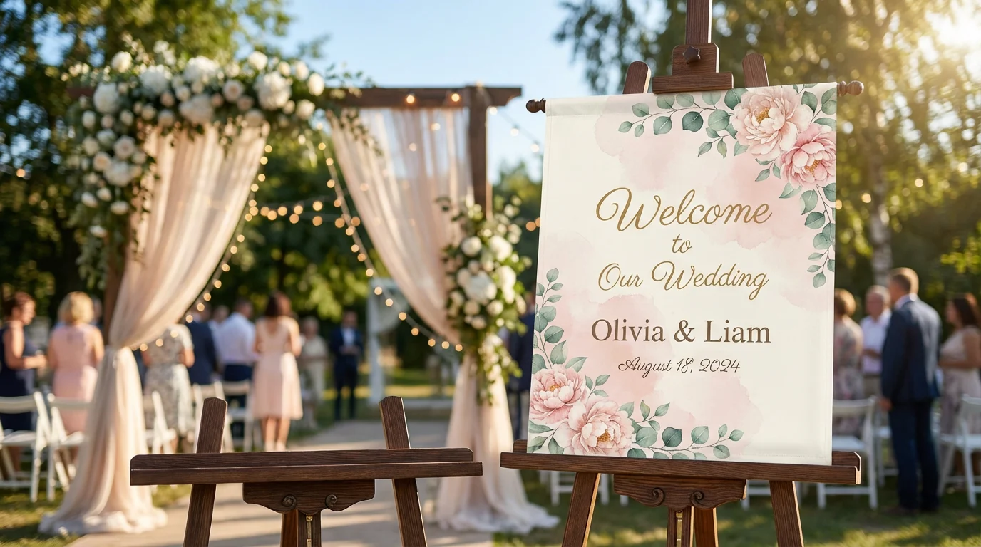A beautiful wedding welcome banner on a wooden easel at a venue entrance. The banner is ivory and blush pink with floral designs and text reading 'Welcome to Our Wedding, Olivia & Liam, August 18, 2024'.