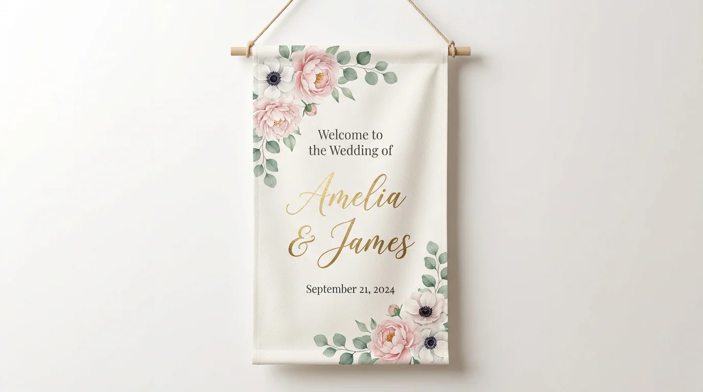 A photorealistic mockup of an elegant vertical wedding welcome banner with watercolor pink flowers and greenery. The banner reads 'Welcome to the Wedding of Amelia & James, September 21, 2024' in gold and black text against a white background.