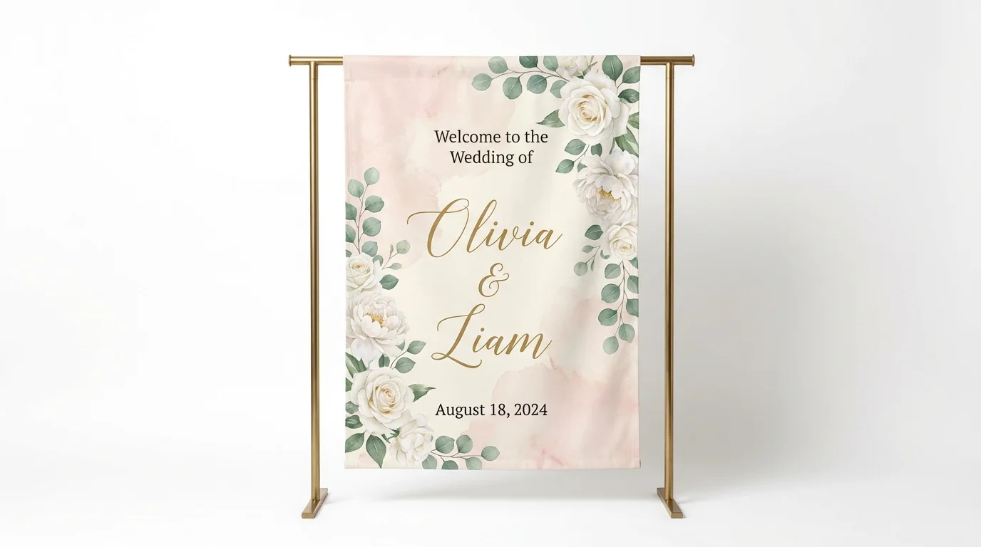 A mockup of an elegant vertical wedding welcome banner with a floral watercolor design, reading 'Welcome to the Wedding of Olivia & Liam, August 18, 2024'.