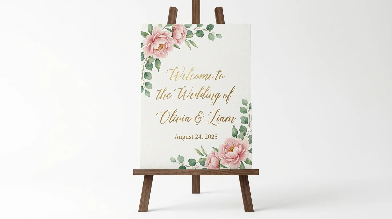 An elegant wedding welcome banner on a wooden easel against a clean white background. The banner reads 'Welcome to the Wedding of Olivia & Liam' in gold foil, decorated with watercolor peonies and eucalyptus.