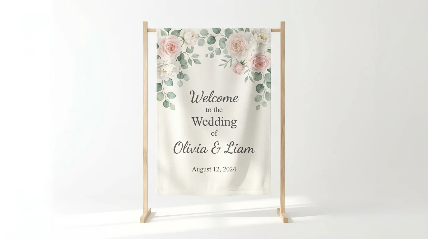 A mockup of an elegant wedding welcome banner with watercolor pink flowers and eucalyptus. The banner reads 'Welcome to the Wedding of Olivia & Liam, August 12, 2024' and is displayed on a minimalist stand against a white background.